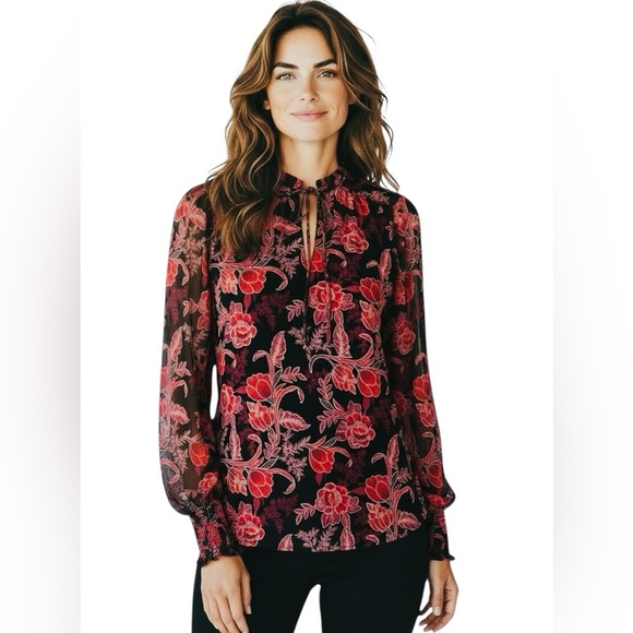 NWT WHITE HOUSE BLACK MARKET Floral Sheer Long Sleeve Tie Blouse Size Medium - Picture 2 of 5